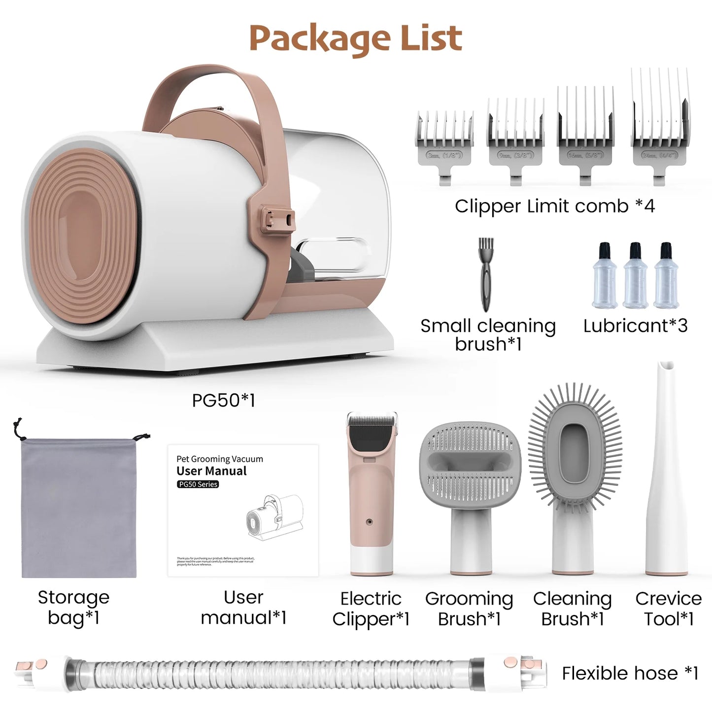 Dog Grooming Kit, 5 Grooming Tools, Pet Grooming Vacuum, Dog Clippers Kit, Low Noise, PG50
