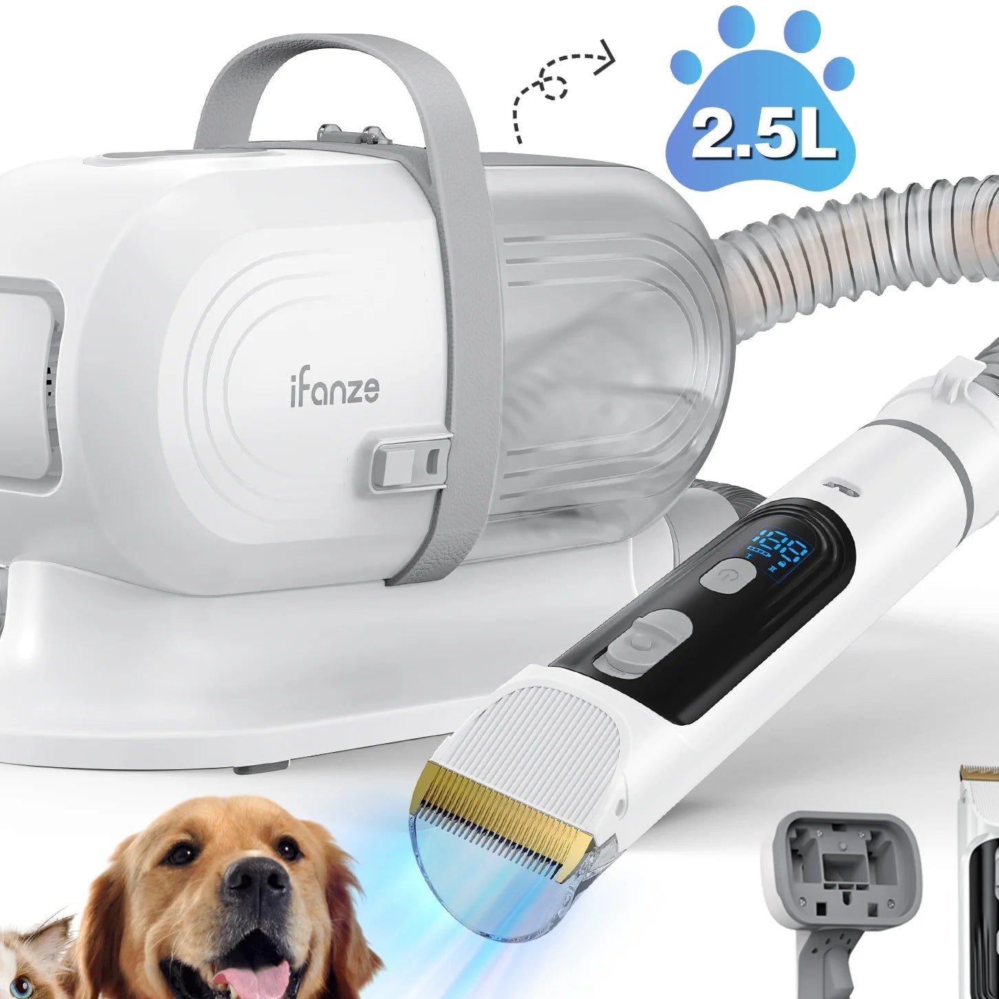 14Kpa Dog Grooming Kit & Vacuum, 2.5L Pet Hair Vacuum Suction 99% Pet Hair,3 Modes Suction Dog Grooming Clipper Kit,5 Pet Groomer Tools,Low Noise Pet Shedding Vacuum for Dogs Cats,White